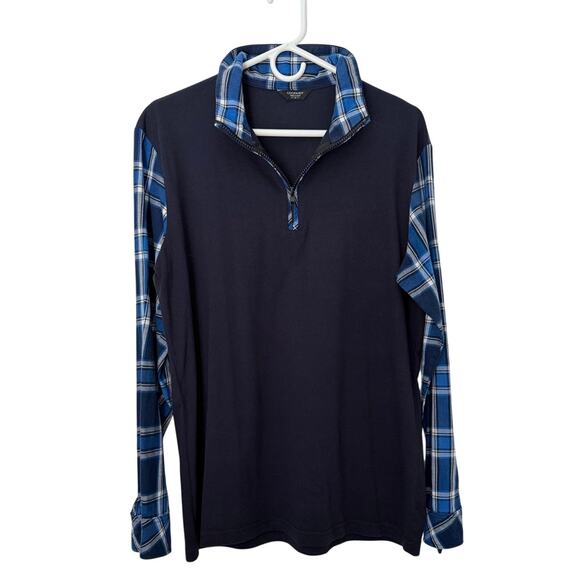 Men's Navy Blue Plaid Sleeves Quarter Zip Pullover Sweater M - Picture 1 of 6